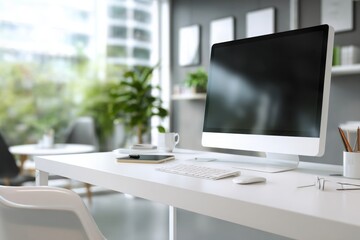 blurred background of a modern office interior with a white desk and computer monitor mockup, a minimalist work space for a graphic designer or web developer, with copy space.