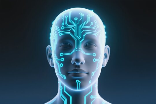 A captivating digital representation showcasing a human head embedded with glowing and vibrant circuit designs