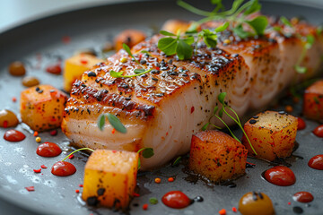 Fusion cuisine dish presented in a high-end kitchen setting Generative AI