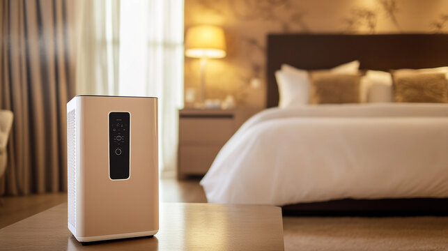 Modern beige air purifier dehumidifier in a cozy bedroom Generative AI