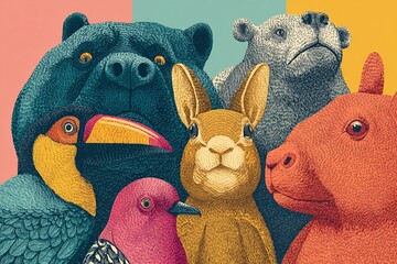 Funny Animal Friends Gather in Colorful Illustration for a Playful Adventure Generative AI
