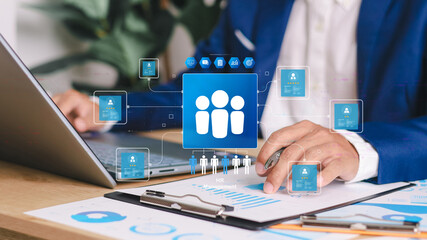 HR management interface, employee structure chart, and team analytics dashboard. Concept of workforce planning and data-driven HR.