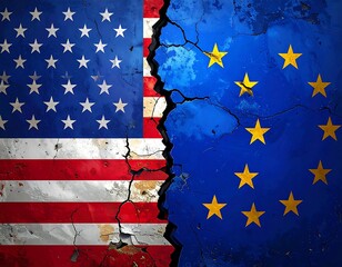 Cracked wall with US and EU flags