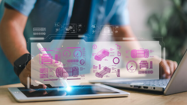 Businessman using futuristic digital interface with electric vehicle technology. Concept of EV innovation, battery system, charging station, clean energy, and smart mobility.