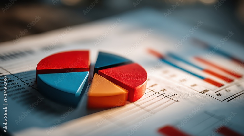 Poster a colorful 3d pie chart sits on a data report with blurred bar graphs and financial text in the back