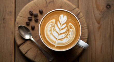 Top view of a delicious latte with beautiful leaf art, coffee beans, and a spoon on a rustic wooden table.