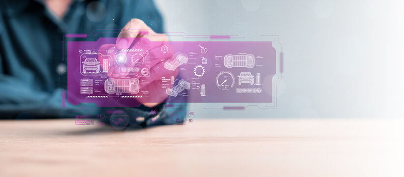 Businessman using futuristic digital interface with electric vehicle technology. Concept of EV innovation, battery system, charging station, clean energy, and smart mobility.
