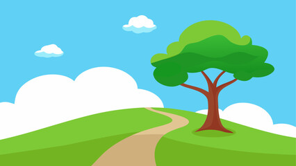 Obraz premium Cartoon landscape with tree and clouds