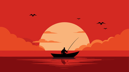 Silhouette of fisherman on boat at sunset