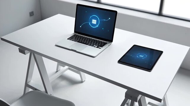 Modern Office Workspace with Laptop and Tablet Displaying Digital Communication Icons