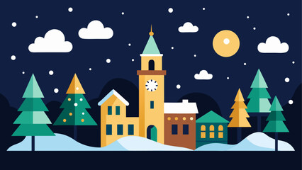 Fototapeta premium Winter town with clock tower illustration