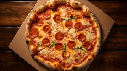 Delicious pepperoni pizza in a cardboard box ready for delivery order