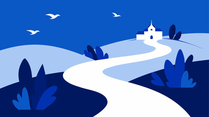 Illustration of a church on a hill with path