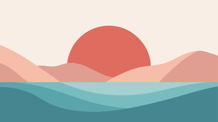 Minimalist landscape with sun and mountains