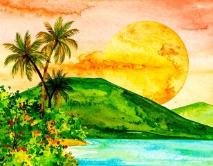 Watercolor tropical sunset scene