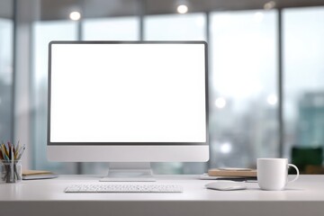 blurred background of a modern office interior with a white desk and computer monitor mockup, a minimalist work space for a graphic designer or web developer, with copy space.