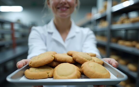 A food factory worker is holding tray with cookies and showing it to the camera. High quality