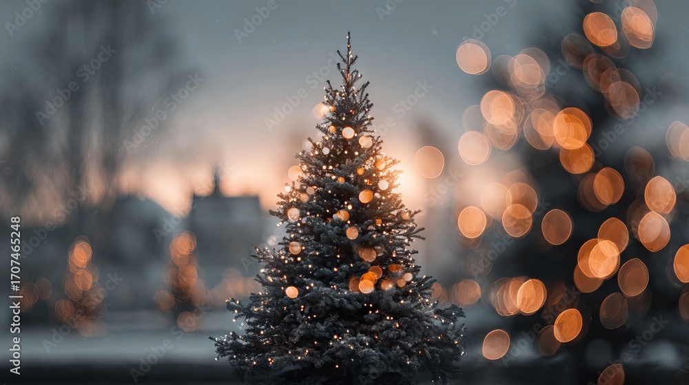 Poster dreamy christmas background with glowing golden bokeh and defocused fir tree lights soft festive orb