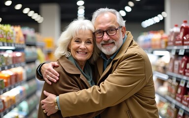 A happy senior couple is hugging at the supermarket and shopping while smiling at the camera. High quality