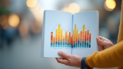 A person holds an open book displaying colorful bar and line charts against a blurred light background.