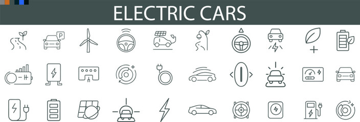 Electric Cars Icon Set for EV Charging, Renewable Energy, and Sustainable Transportation UI Design