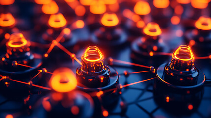 Glowing interconnected nodes with orange light in a futuristic network structure
