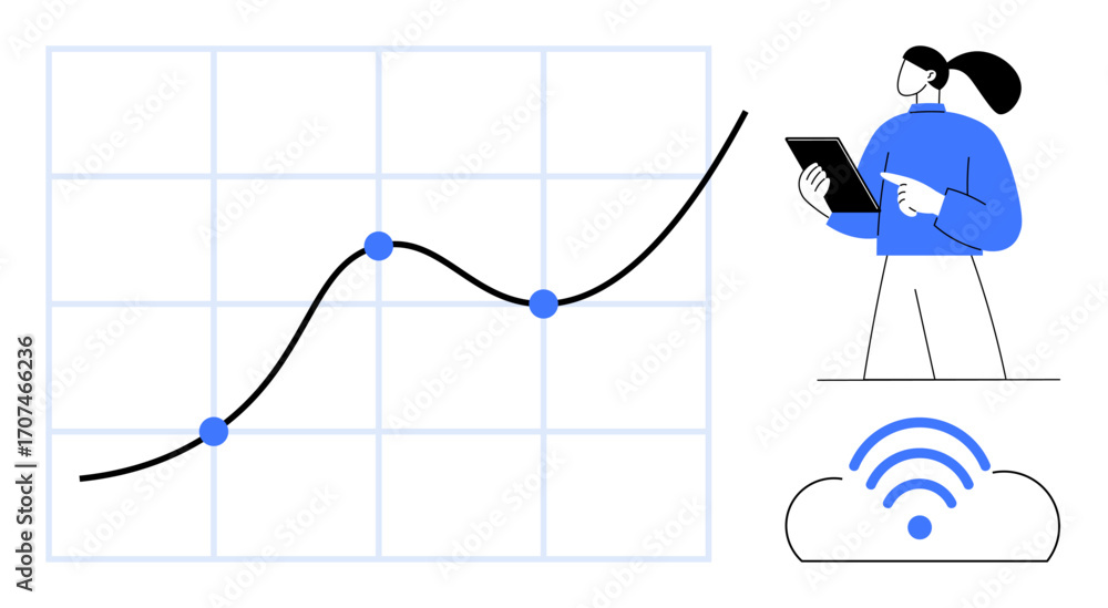 Poster woman with tablet examining rising graph on grid. cloud with wireless signal below. ideal for analyt