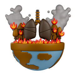 3D illustration of unhealthy human lungs on a globe with a burning forest and heavy smoke, represents the devastating impact of environmental pollution and wildfires on human health.
