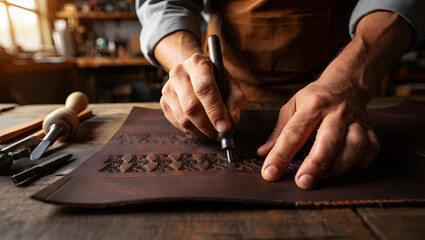 Craftsman's Hands Embossing Leather with Intricate Patterns Using Tools artisan