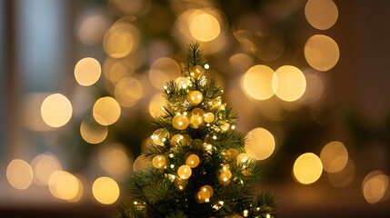 Dreamy Christmas tree bokeh background with glowing green yellow and golden light orbs festive defocused holiday illumination abstract blur for greeting cards banners web headers and mockups