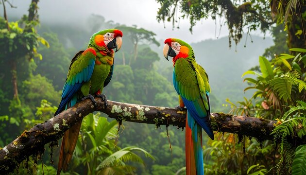 Two vibrant parrots in a misty rainforest