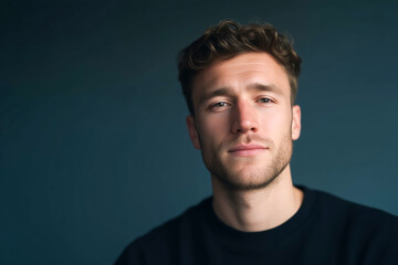 Obraz premium Portrait of handsome young man with serious expression against blue background, modern male fashion and lifestyle concept