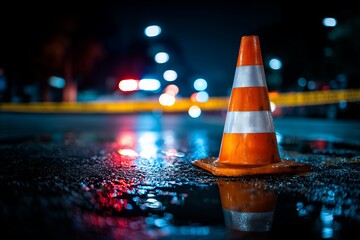 An orange and white striped traffic cone sits on wet asphalt at night reflecting streetlights, concept for road construction safety, hazard warning and traffic management solutions