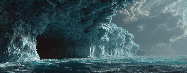 Frozen cave entrance, icy landscape