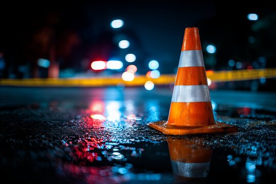 An orange and white striped traffic cone sits on wet asphalt at night reflecting streetlights, concept for road construction safety, hazard warning and traffic management solutions