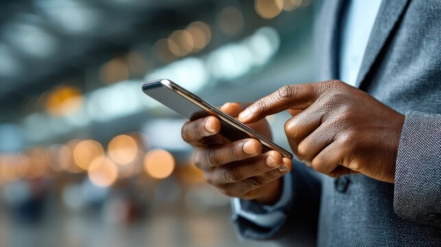 A person in a suit uses a smartphone, focusing on the hand and device, with a blurred background featuring warm bokeh lights.