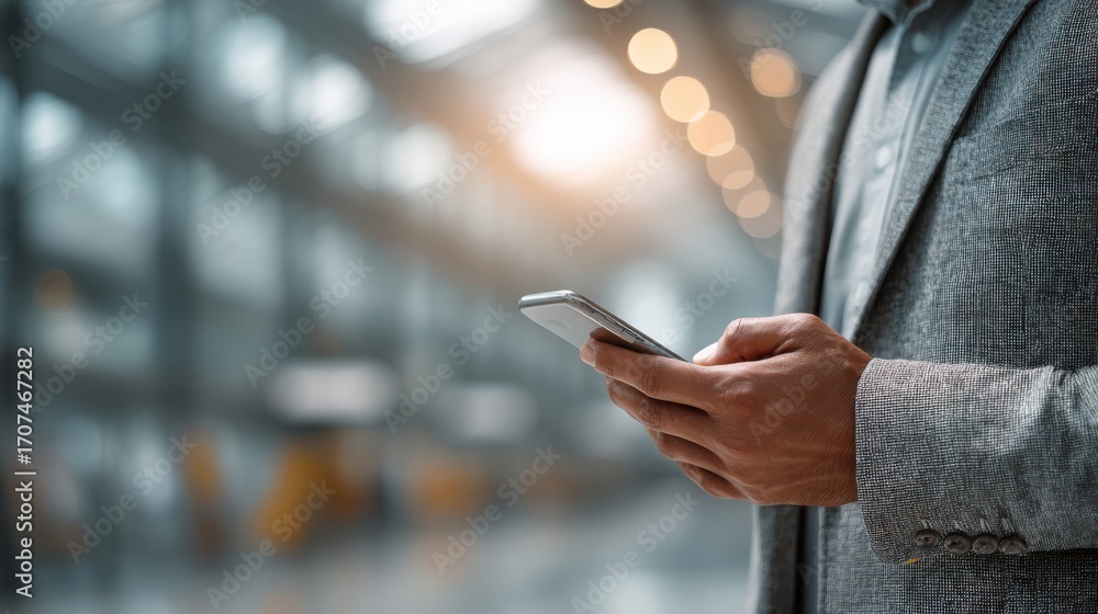 Poster a man in a gray blazer using a smartphone in a modern, blurred indoor setting with warm lighting and