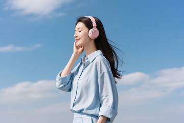A woman enjoys her favorite music in nature, embracing a serene moment that promotes relaxation and joy