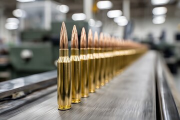 Ammunition rounds in production line on a conveyor belt in a factory, concept for defense industry, military equipment and weapon manufacturing