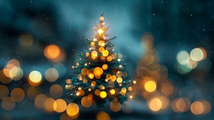 Dreamy Christmas tree bokeh background with glowing green yellow and golden light orbs festive defocused holiday illumination abstract blur for greeting cards banners web headers and mockups