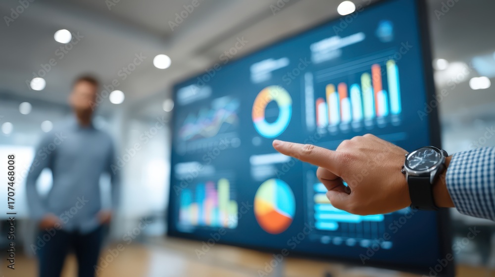 Poster a person points at a large digital screen displaying colorful business data charts and graphs in a m