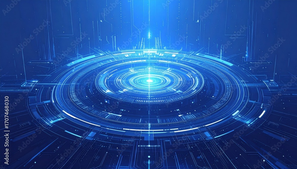 Poster green vector sonar screen with a digital radar light pattern and blue geometry lines on a dark space