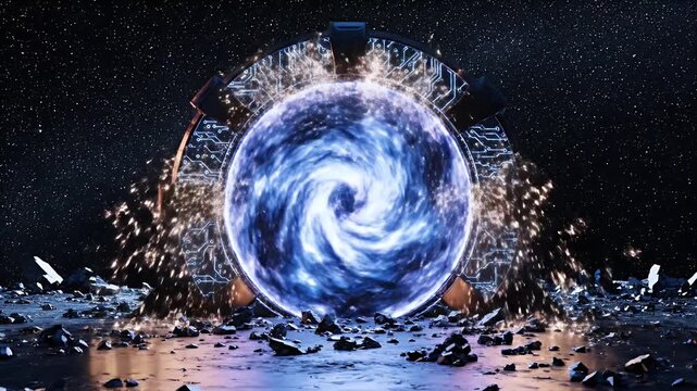 Mystical stargate activation sequence with swirling portal energy in a cosmic expanse reveals a gateway to unknown dimensions