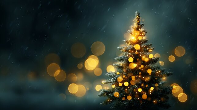 Dreamy Christmas tree bokeh background with glowing green yellow and golden light orbs festive defocused holiday illumination abstract blur for greeting cards banners web headers and mockups