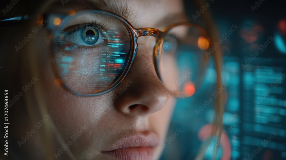 Poster a close-up of a person wearing glasses reflecting digital data and code, symbolizing focus and analy