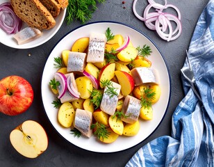 Appetizing salad with fish, potatoes, and apples