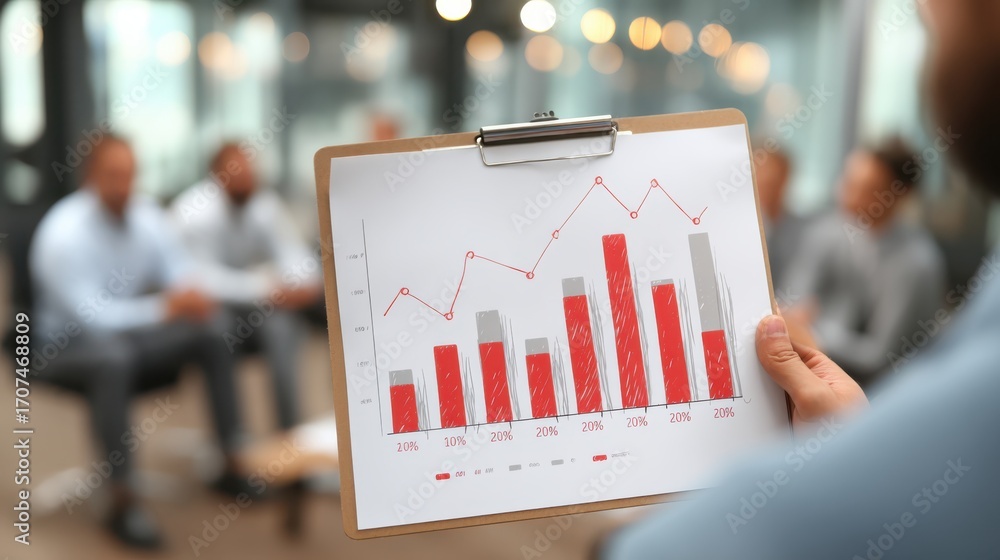Poster a person holds a clipboard with a bar and line graph showing data trends, while three people in busi