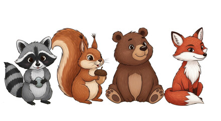 Fototapeta premium Adorable forest animals including a raccoon squirrel bear and fox isolated on transparent background