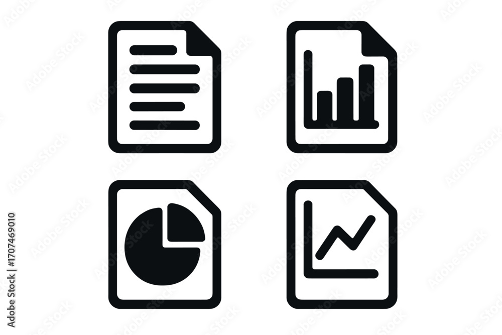 Poster document icon set with charts for data analysis. business report symbols with bar chart, pie chart, 