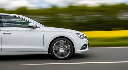 Fototapeta premium White Car Moving Fast on Road with Blurred Background.